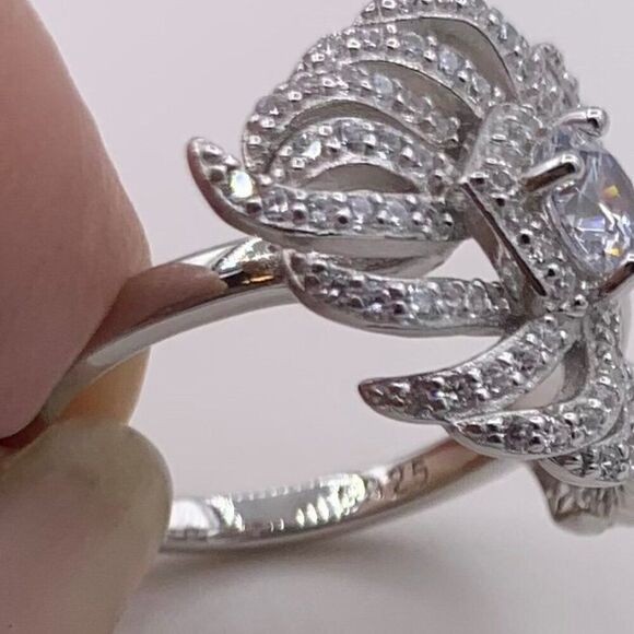 Ring, solid 925 sterling, feather motif, lab created gems, sz 7 - Picture 4 of 16